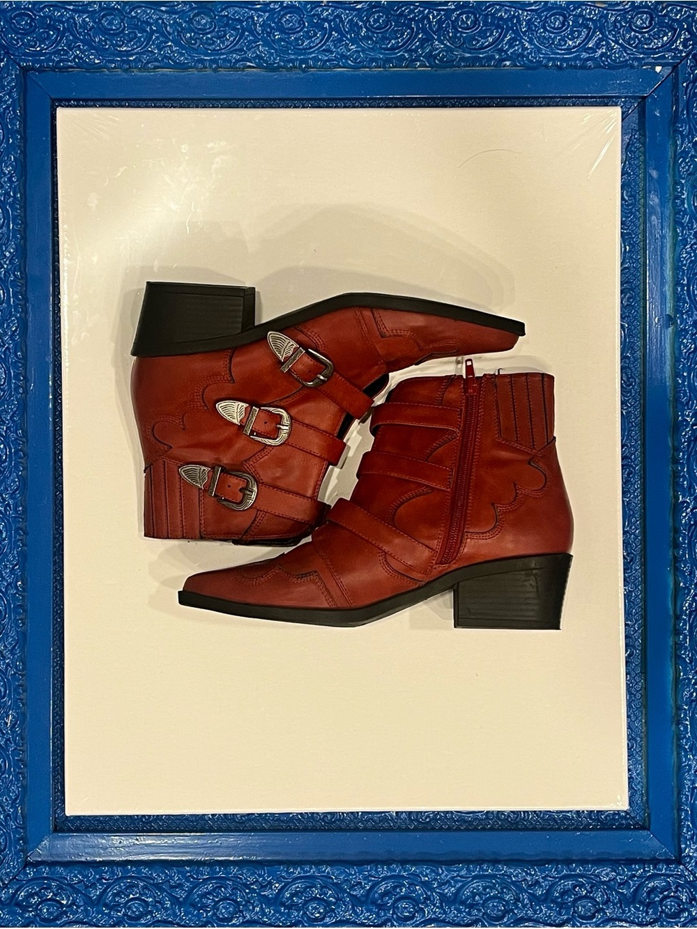 Men’s or woman’s Red Leather Ankle Boots with Buckle Detail